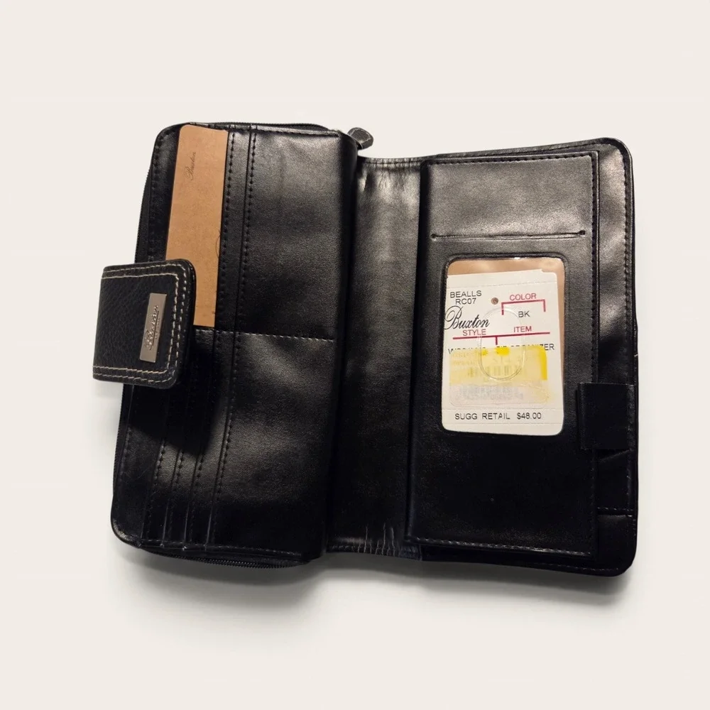 Buxton Black Leather Zip Around Checkbook Wallet Organizer Contrast Stitch